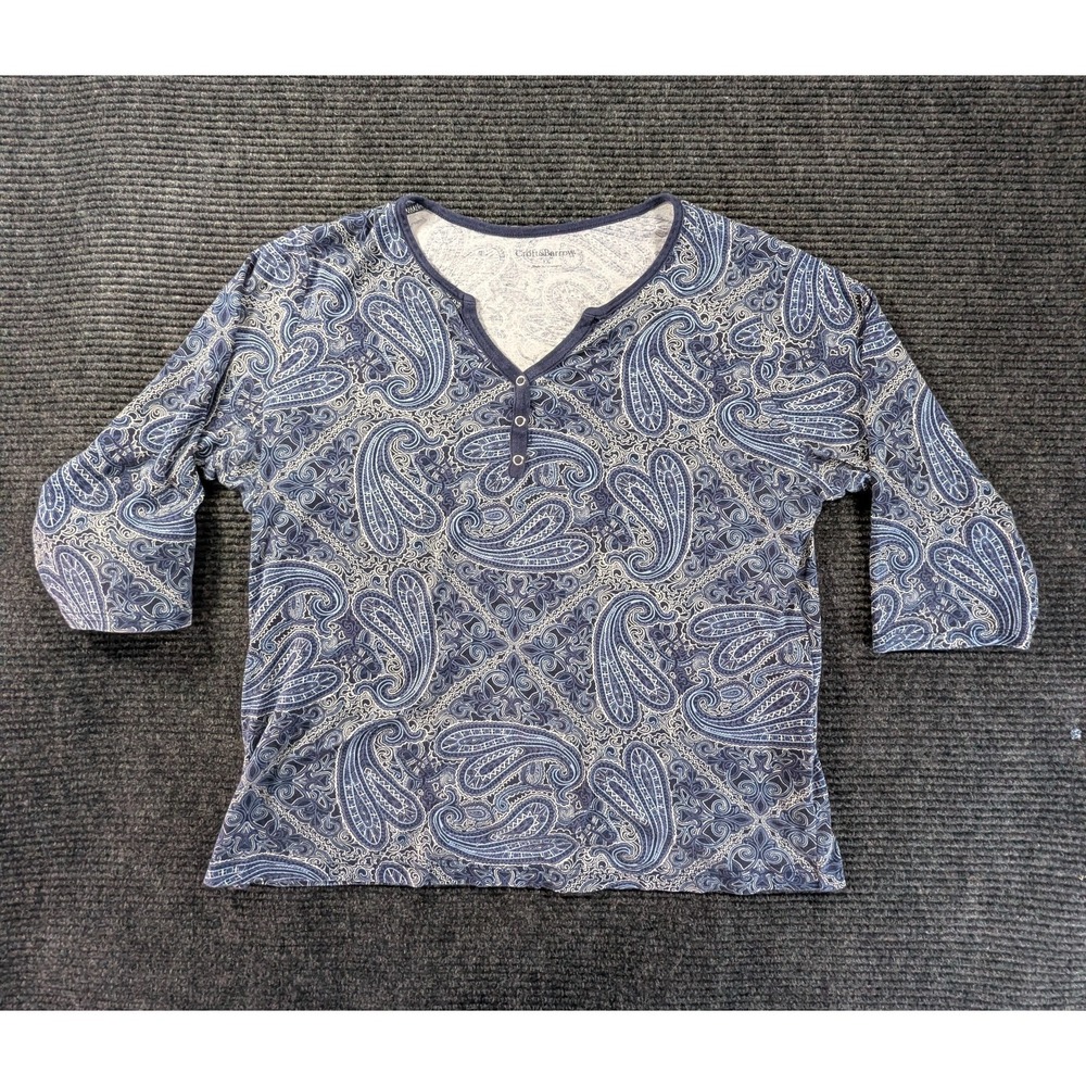 Croft & Barrow Henley Top Womens 1X Blue White Cotton Paisley 3/4 Sleeve Classic